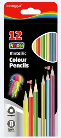Kredki ołówkowe trójkątne metaliczne i neon. 12st - Keyroad