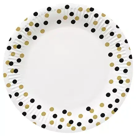 Talerzyki papierowe 23 cm, złoto-czarne confetti (8 sztuk)