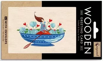 Karnet drewniany C6 + koperta Kobieta z dmuchawcem - Cozywood