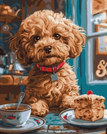 Malowanie po numerach - Maltipoo w kawiarni 40x50 - Ideyka