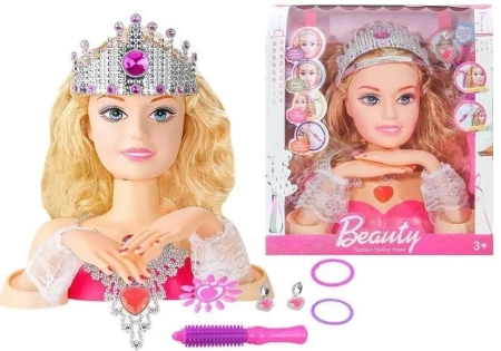 Głowa lalki do stylizacji z koroną + akcesoria - Leantoys