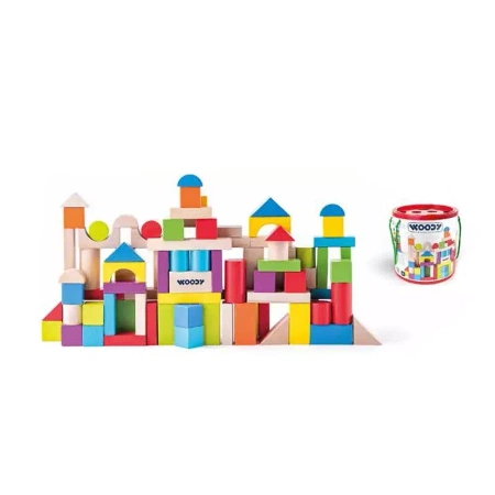 Klocki drewniane kolorowe i naturalne w wiaderku z pokrywką do sortowania kształtów 100 szt. 90905 Woody