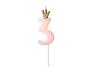 Świeczka urodzinowa 3 jasny różowy 9,5cm - PartyDeco