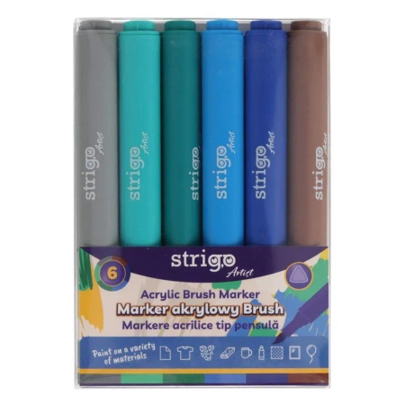 Strigo. Markery akrylowe trójkątne 6 kolorów. Końcówka Brush. Zestaw 9 - Strigo