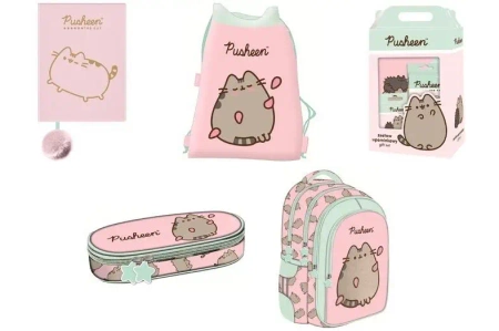 Plecak szkolny Pusheen + piórnik + notes + teczka + wyprawka+ worek +bidon