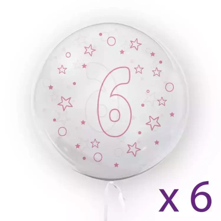 Balony z cyfrą "6" (6 sztuk), gwiazdki różowe