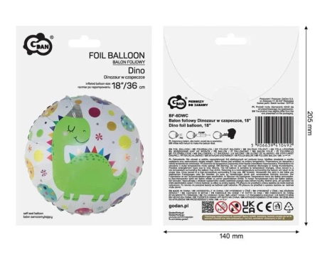 Balon foliowy Dinozaur w czapeczce 36cm - Godan