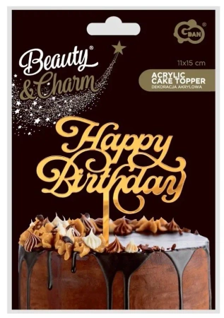 Dekoracja akrylowa na tort Happy Birthday złota - Godan