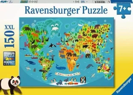 Puzzle 150 Mapa świata dzikich zwierząt XXL - Ravensburger