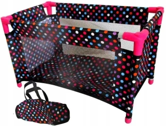 Łóżeczko-kojec dla lalek czarny w białe groszki - MarioToys