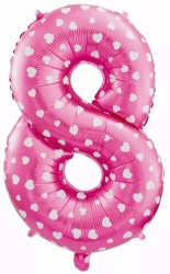 Balon foliowy. Cyfra 8, różowa w serca (61 cm)