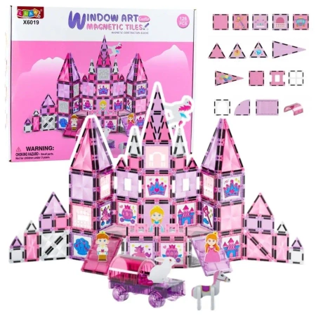 Klocki magnetyczne witraże różowe 126el - Leantoys