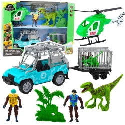 Zestaw z dinozaurem samochód +helikopter + figurki - Leantoys