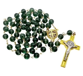 Różaniec szklany św. Benedykt zielony - Art Sacrum
