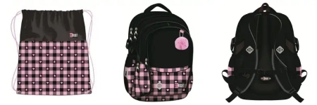Plecak szkolny St.Right PINK CHECKERED + worek + piórnik szachowncia czarny
