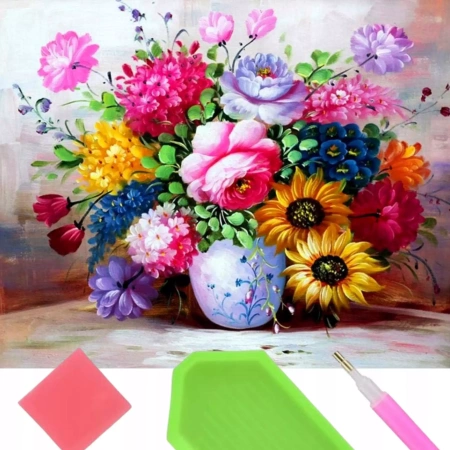 Diamentowa mozaika Bukiet kolorowych kwiatów w wazonie 30x40cm 2000580