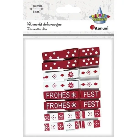 Klamerki drewniane białe, czerwone świąteczne 8szt - Titanum
