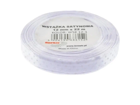 Wstążka satynowa w kropki biała 12mmx22m - Brewis