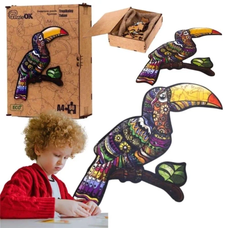 Puzzle drewniane eko 60 Tropikalny tukan A4 - PuzzleOK