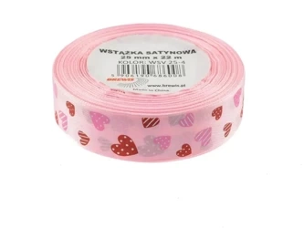 Wstążka satynowa w serca różowa 25mmx22m - Brewis