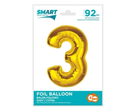 Balon foliowy Smart cyfra 3 złota 92cm - Godan