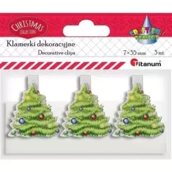 Klamerki drewniane z dekorem białe choinka 3szt - Titanum