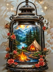 Diamentowa Mozaika Lampion z namiotem i ogniskiem w górach NO-2003111 - Norimpex