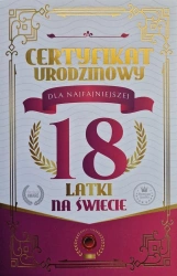 Karnet Certyfikat Urodzinowy 18 urodziny damskie - YEKU