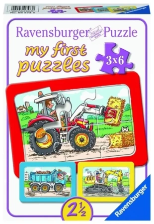 Puzzle 3x6 Traktor, koparka i ciężarówka - Ravensburger