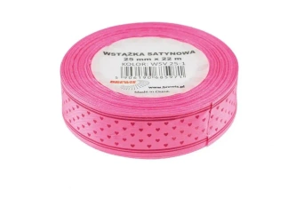 Wstążka satynowa w serca różowa 25mmx22m - Brewis