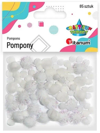 Pompony akrylowe i brokatowe mix białe 85szt. - Titanum