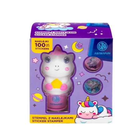 Stempel z naklejkami Astrafun Jednorożec 100 naklejek wielokrotnego użytku + książeczka - ASTRA art-pap