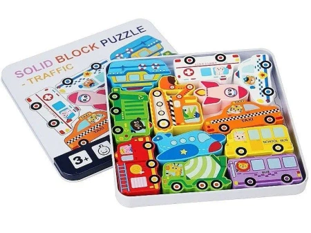 Puzzle drewniane pojazdy w metalowym pudełku - ADAR