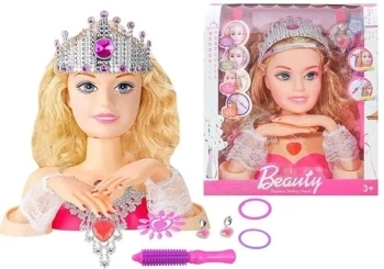 Głowa lalki do stylizacji z koroną + akcesoria - Leantoys