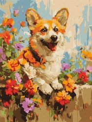 Malowanie po numerach - Corgi w kwiatach 30x40cm - Ideyka