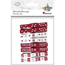 Klamerki drewniane białe, czerwone świąteczne 8szt - Titanum