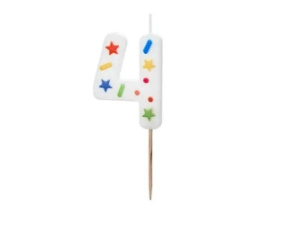 Świeczka urodzinowa 4 biała konfetti 5.5cm - PartyDeco