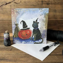 Karnet Halloween kwadrat Kot i dynia - Alex Clark