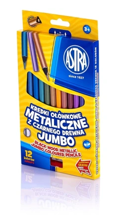 Kredki ołówkowe trójkątne metaliczne jumbo Astra 12 kolorów z temperówką - ASTRA art-pap
