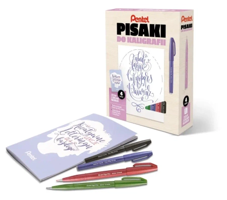 Zestaw 4 pisaków z kursem do kaligrafii brązowy/pomarańczowy/żółty/szary efgn - PENTEL