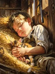 Diamentowa Mozaika Chłopiec śpiący na sianie z kotkiem NO-2003010 - Norimpex