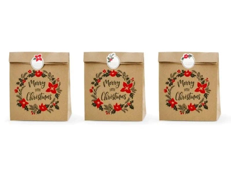 Torebki na prezenty Merry Christmas kraft 3szt - PartyDeco