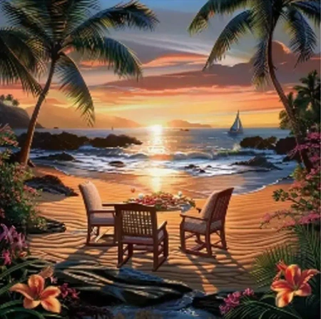 Diamentowa mozaika Zachód słońca przy ognisku na tropikalnej plaży 30x40cm 2001538 - Norimpex