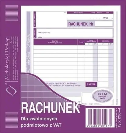 Rachunek dla zwolnionych podmiotowo z VAT 230-4 - Michalczyk i Prokop