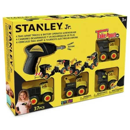 Zestaw 4 pojazdów mini do złożenia +wkrętarka 37el - Stanley