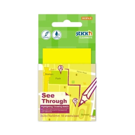 Notes samoprzylepny 51x76mm przezroczysty 50K żółt - Stickn