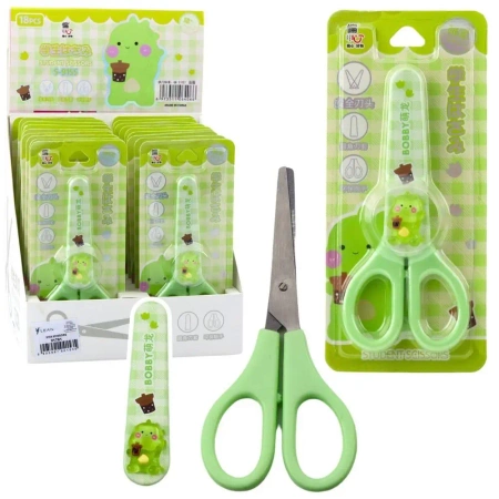 Nożyczki szkolne z osłonką oburęczne zielone 14cm - Leantoys