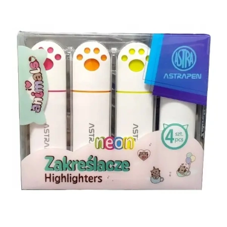 Zakreślacze z łapkami Astrapen Animals neon 4 kolory - ASTRA art-pap