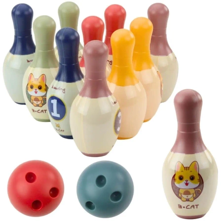 Kręgle z kotkami 10szt + 2 kule - Leantoys
