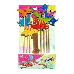 Dekoracja urodzinowa świeczka i dinozaury 8szt - GoParty